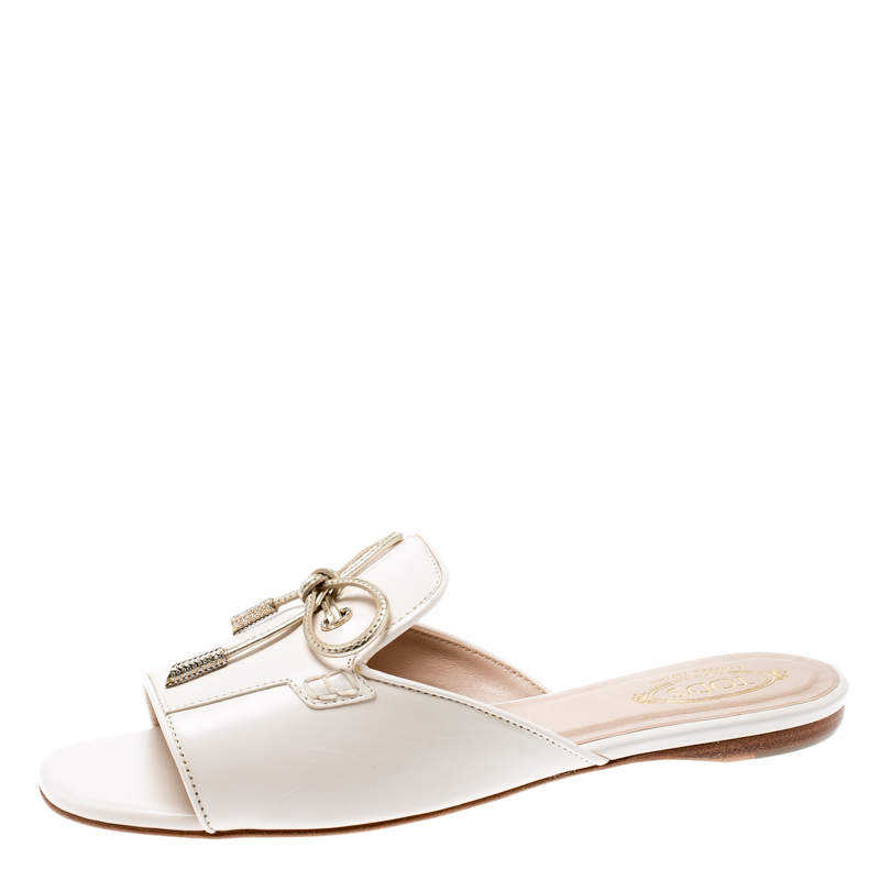 Pre Owned Tod's Limited Edition Light Pink Leather Crystal Embellished Bow Peep Toe Flat Slides Size 37