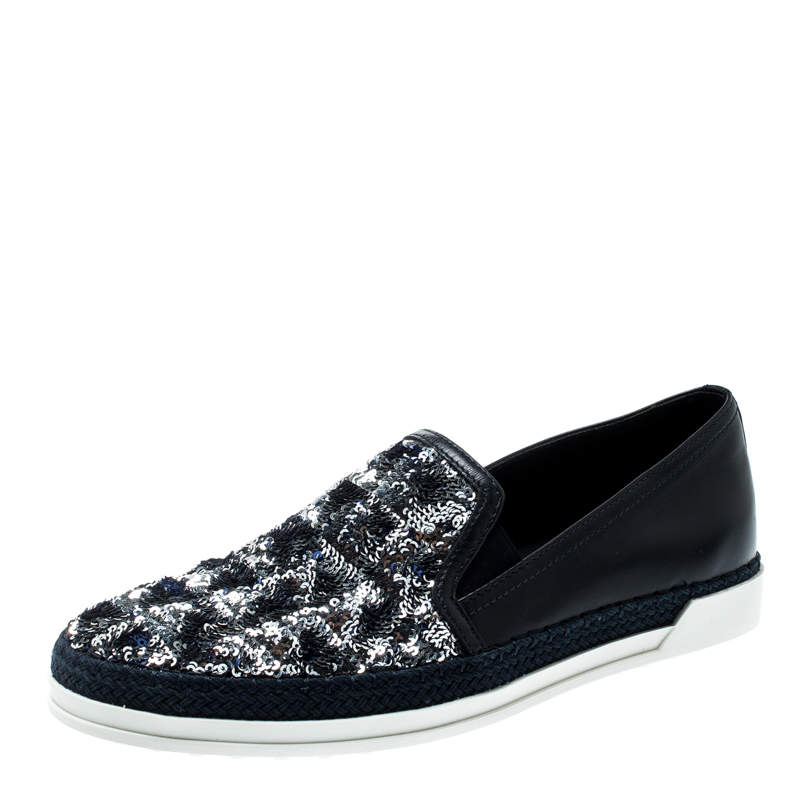 Pre Owned Tod's Blue Leather Sequin Embellished Espadrille Slip On Sneakers Size 37