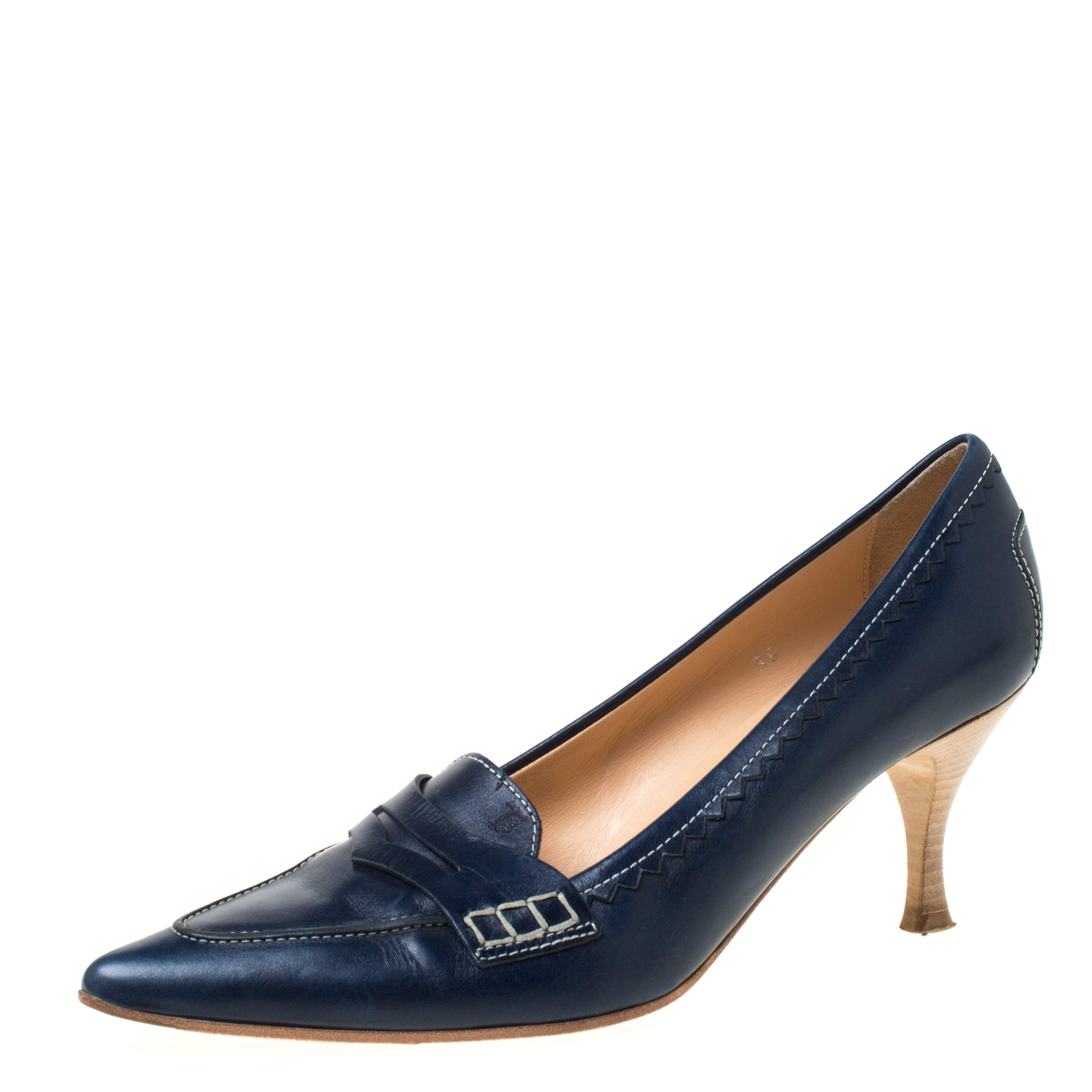 Tod's Navy Blue Leather Penny Loafer Pointed Toe Pumps Size 39 Tod's