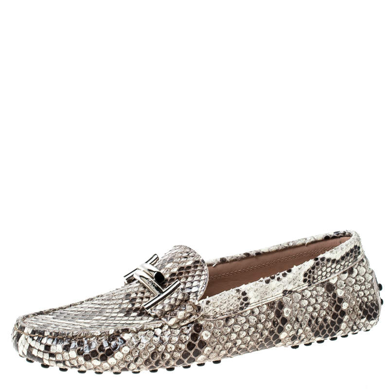 Pre Owned Tod's Beige/Black Python Double T Metal Loafers Size 36