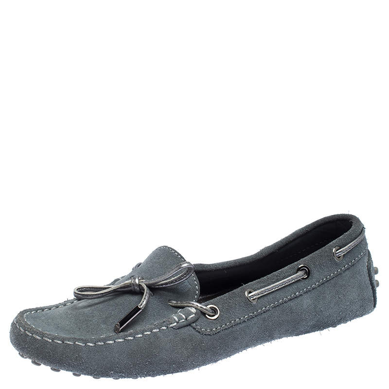 Pre Owned Tod's Grey Suede Leather Gommino Slip On Loafers Size 37
