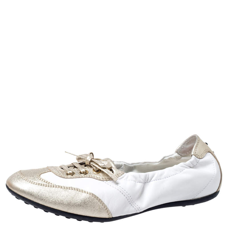 Pre Owned Tod's White/Gold Leather Gomma Lace Slip On Sneakers Size 37.5
