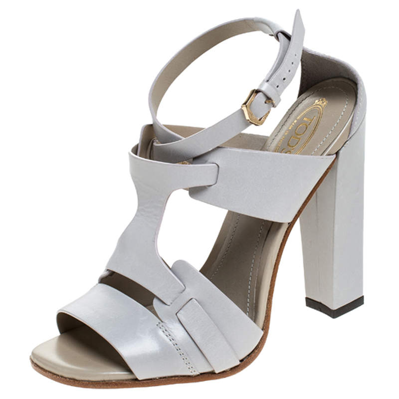 Tod's Grey Cage Leather Peep Toe Ankle Strap Block Heel Sandals Size 36 ...