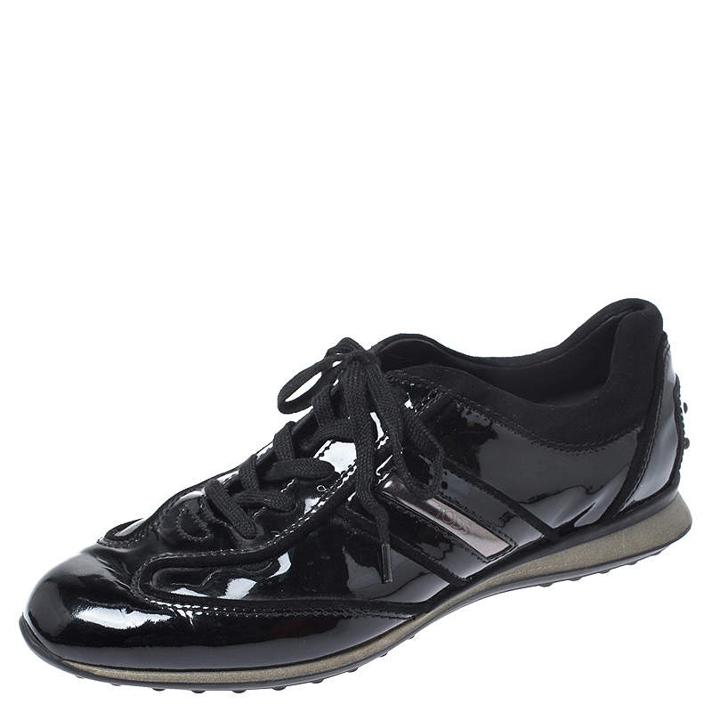 Pre Owned Tod's Black Patent Leather and Suede Lace Low Top Sneakers Size 37.5