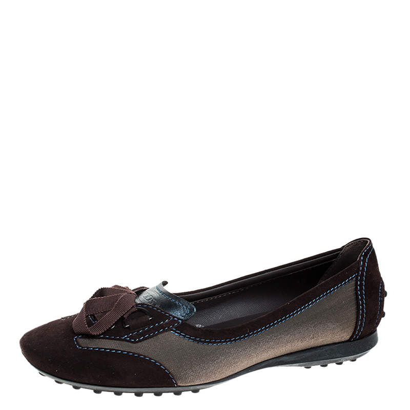 Pre Owned  Tod's Brown Suede, Mesh And Blue Leather Lace Bow Ballet Flats Size 38