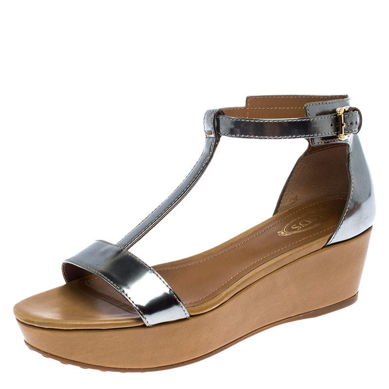 Pre Owned Tod's Metallic Silver Leather T-Strap Wedge Platform Ankle Strap Sandals Size 37.5