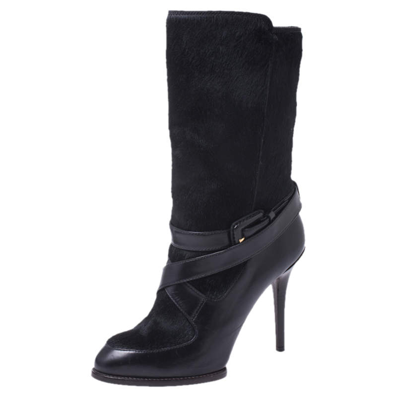 مملوكة مسبقًا Tod's Black Leather And Pony Hair Buckle Mid Calf Boots Size 37