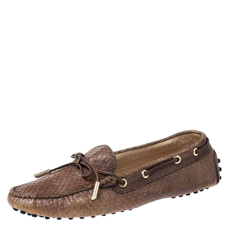 Tod's Brown Python Leather Bow Loafers Size 39.5