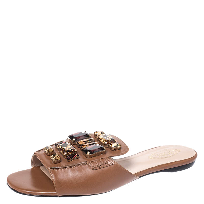 Pre Owned Tod's Brown Leather Crystal Embellished Open Toe Flat Slides Size 39