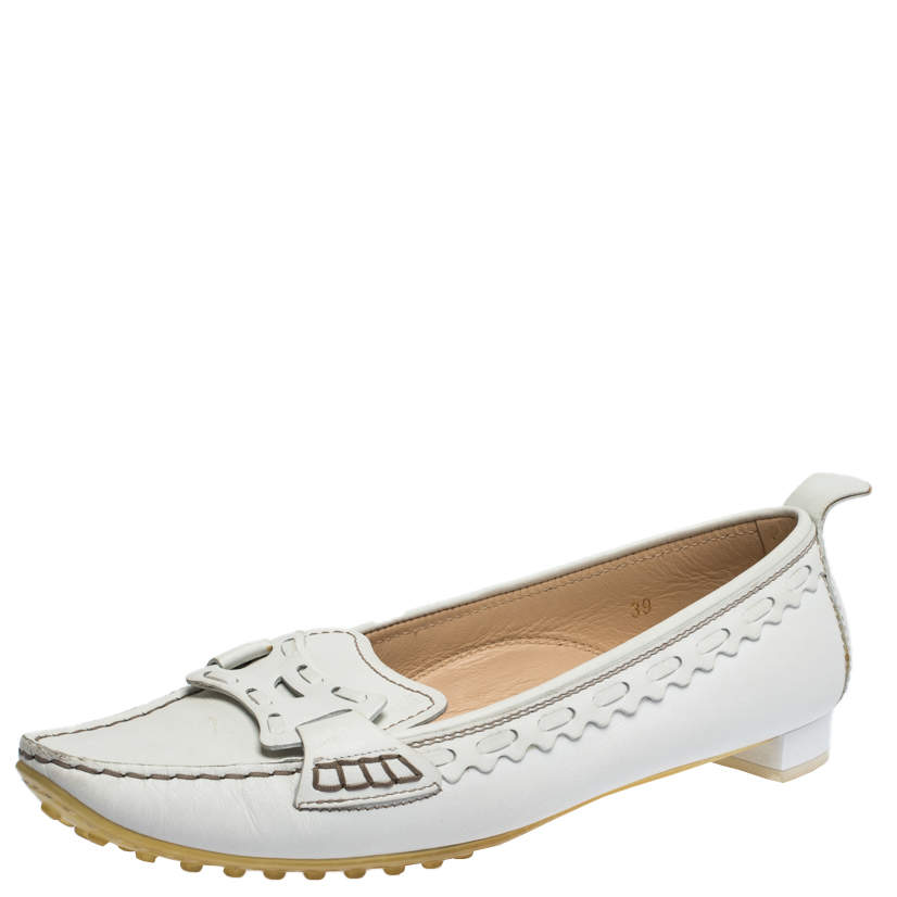 Pre Owned Tod's White Leather Pointed Toe Slip On Loafers Size 39