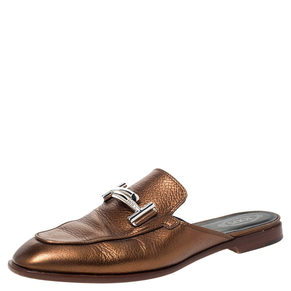 حذاء سلايد تودز جلد برونزي ميتاليك دوبل تي مقاس 37.5