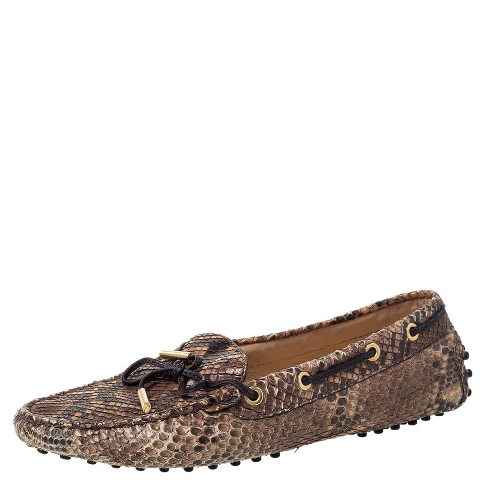 Pre Owned Tod's Beige/Brown Python Leather Bow Loafers Size 38.5