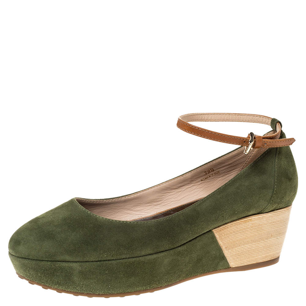 Pre Owned Tod's Green Suede Ankle Strap Platform Wedge Pumps Size 38.5