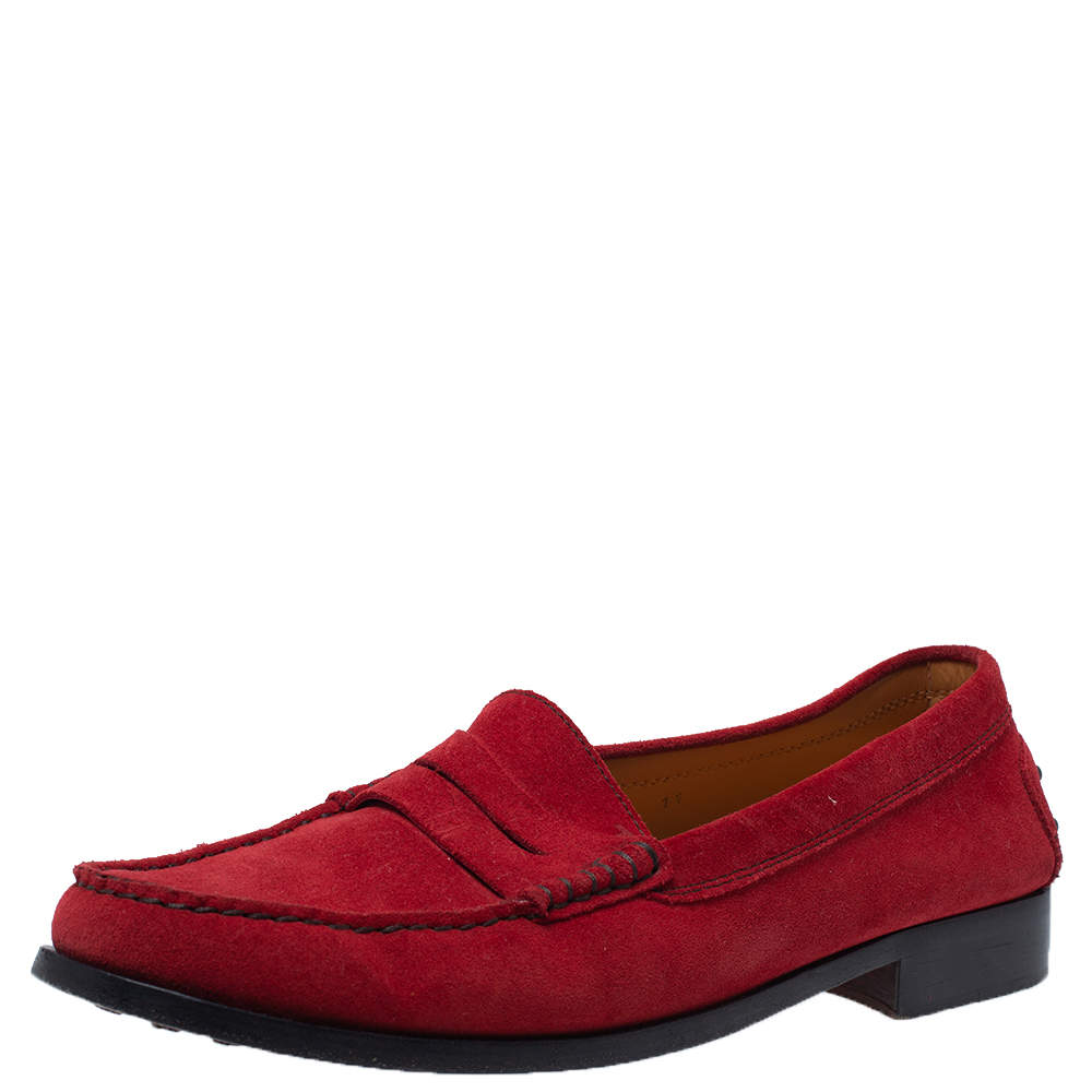 Tod’s Red Suede Leather Penny Slip On Loafers Size 41.5