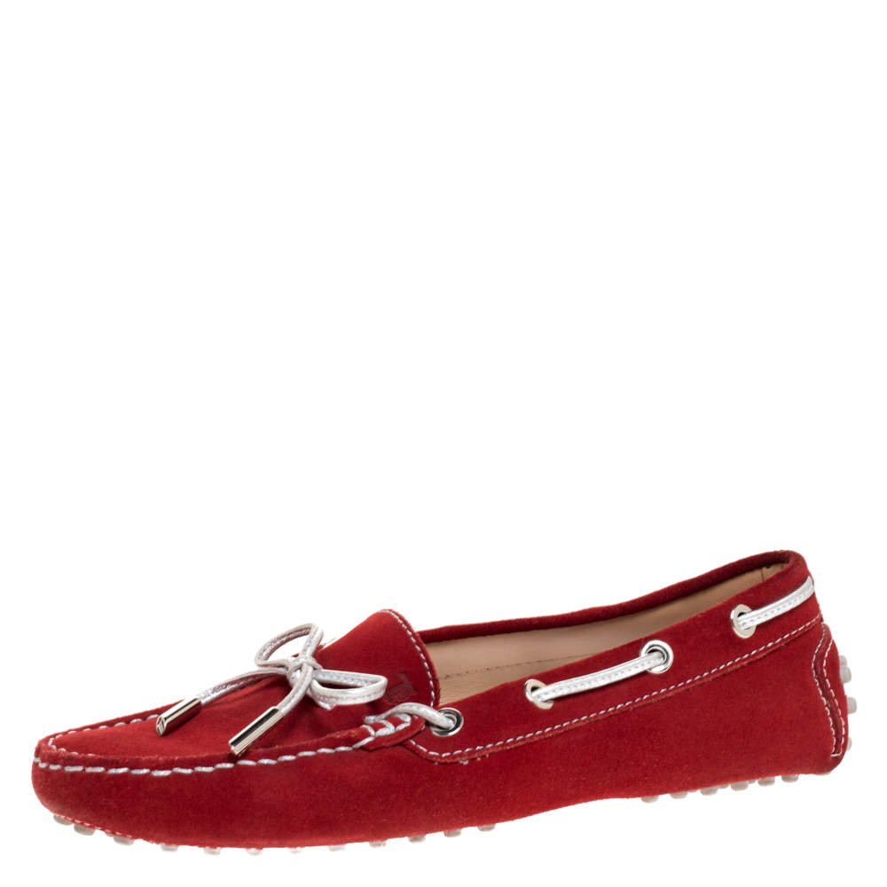 Pre Owned Tod's Red Suede And Silver Bow Loafers Size 35.5