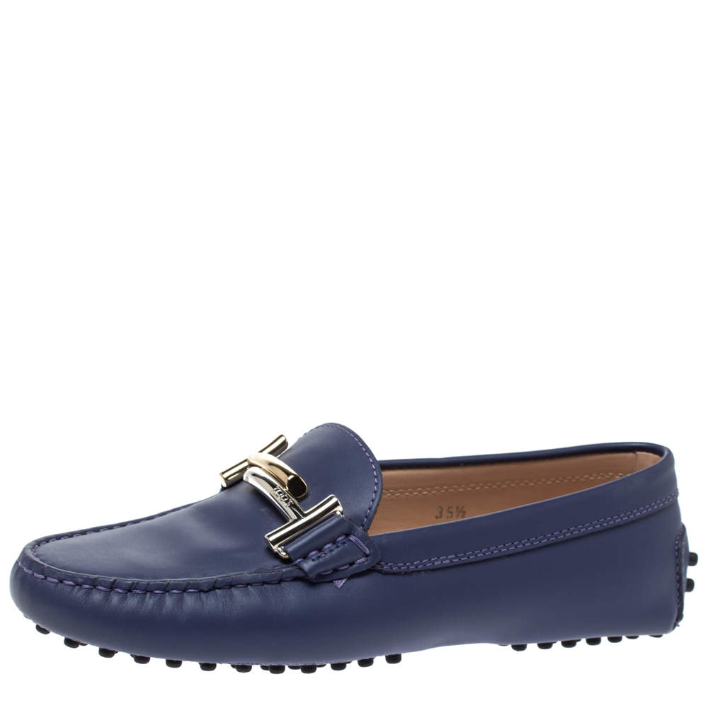 Pre Owned Tod's Blue Leather Double T Loafers Size 35.5