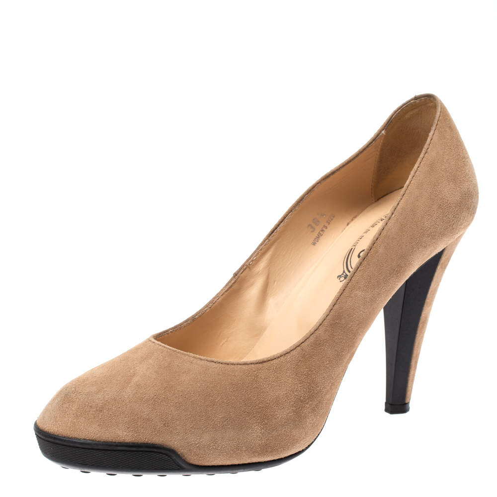 Pre Owned Tod's Beige Suede Platform Pumps Size 38.5