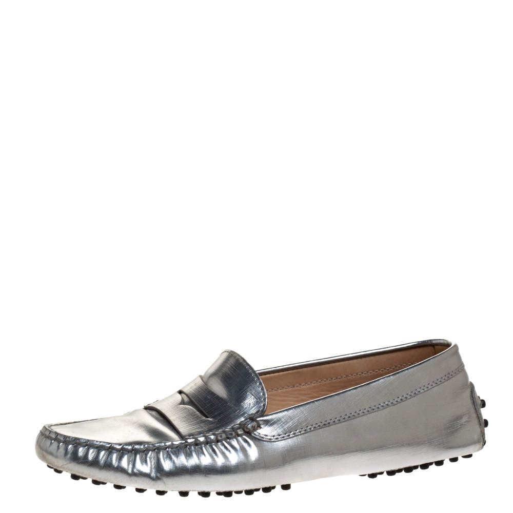 Pre Owned Tod's Metallic Silver Leather Penny Slip On Loafers Size 38