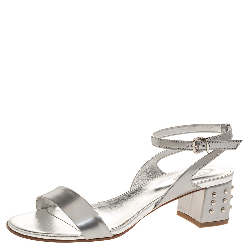 Tod's Silver Patent Leather Studded Block Heel Sandals Size 37.5