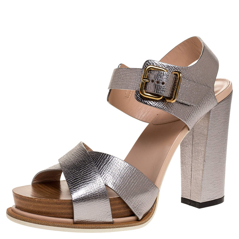 Pre Owned Tod's Silver Leather Platform Ankle Strap Sandals Size 37