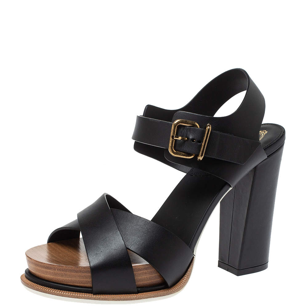 Pre Owned Tod's Black Leather Platform Ankle Strap Sandals Size 38.5