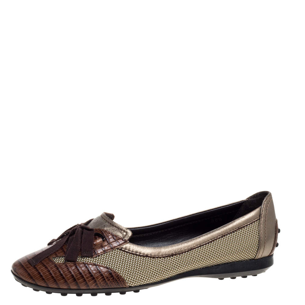 Pre Owned  Tod's Multicolor Leather, Fabric And Lizard Embossed Leather Lace Bow Ballet Flats Size 38.5