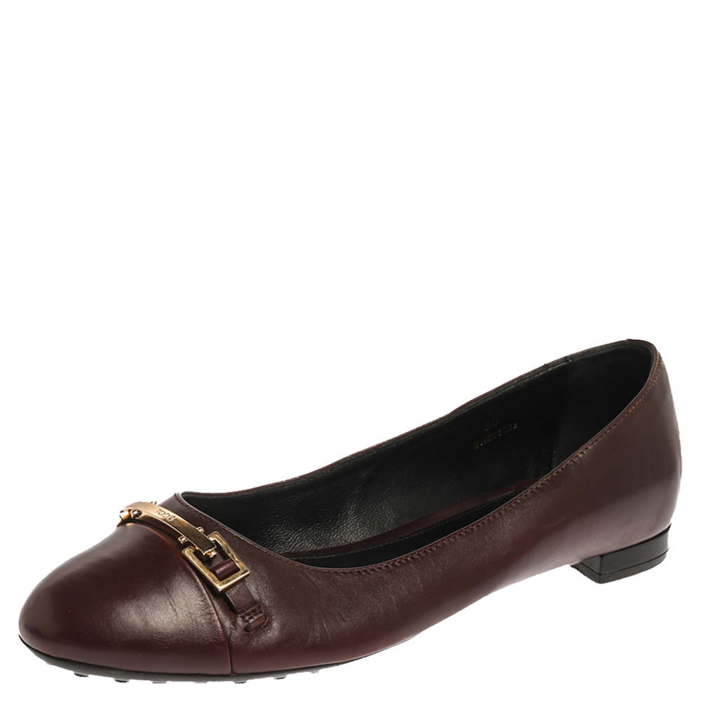 Tod's Brown Leather Cap Toe Buckle Ballet Flats Size 38