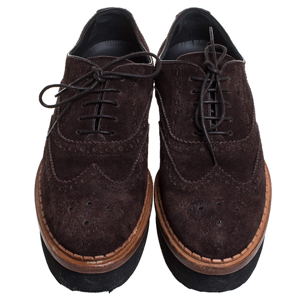 Pre Owned Tod's Brown Brogue Suede Leather Platform Lace Up Oxfords Size 35