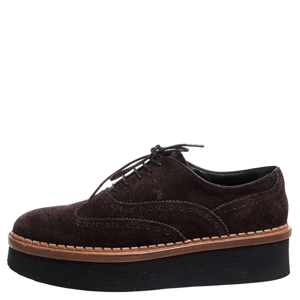 Pre Owned Tod's Brown Brogue Suede Leather Platform Lace Up Oxfords Size 35
