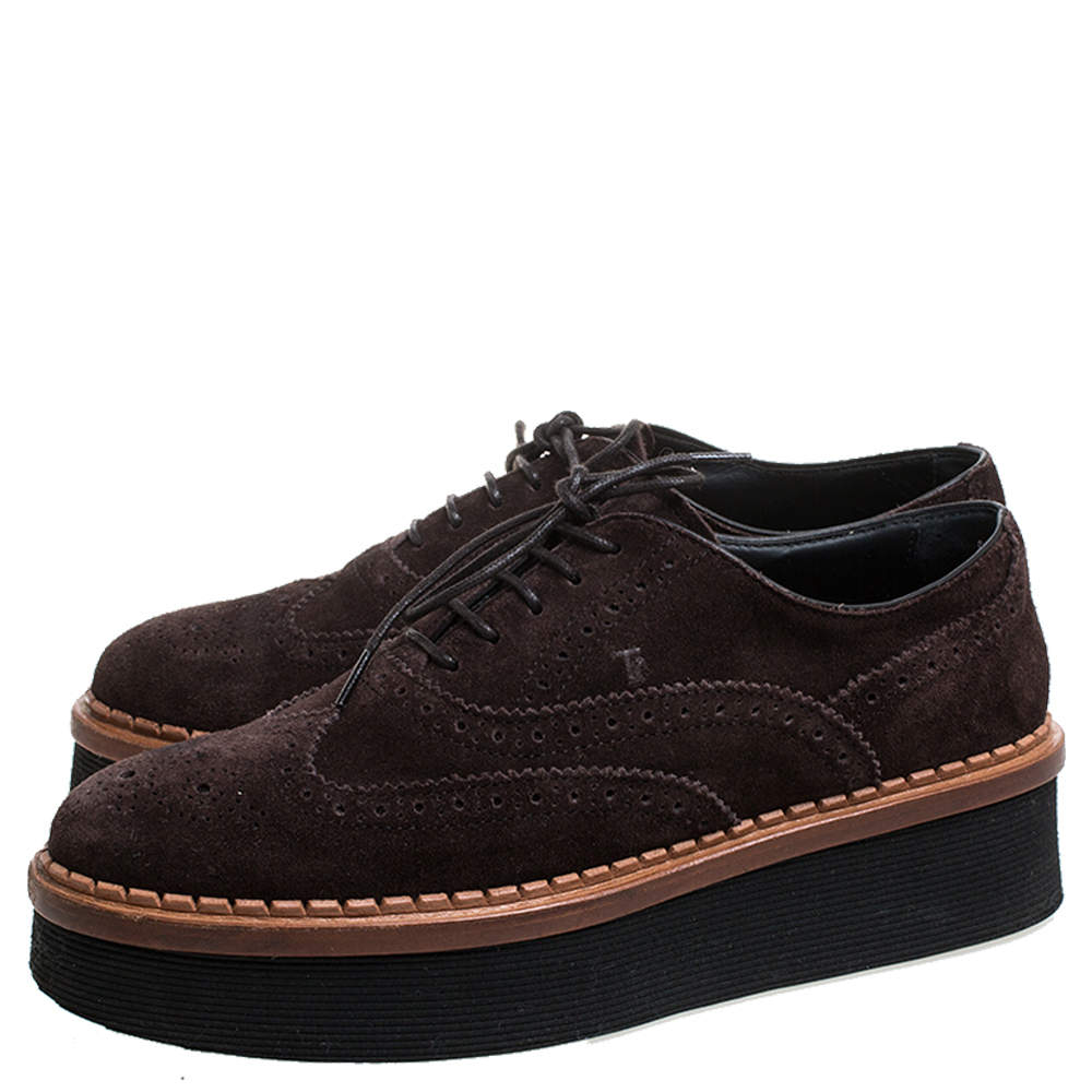 Pre Owned Tod's Brown Brogue Suede Leather Platform Lace Up Oxfords Size 35