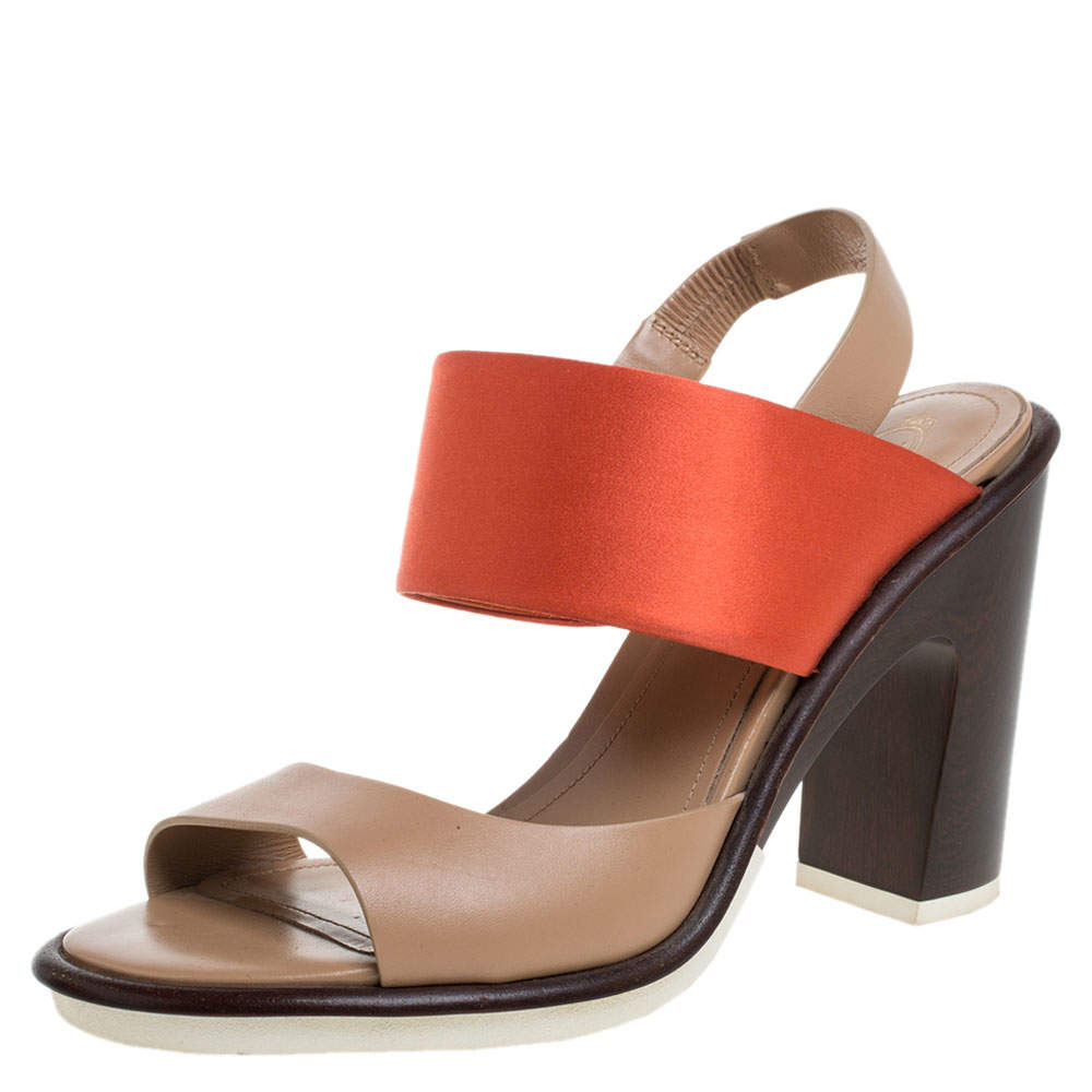 Tod's Orange/Beige Satin And Leather Ankle Strap Block Heel Slingback Sandals Size 38.5