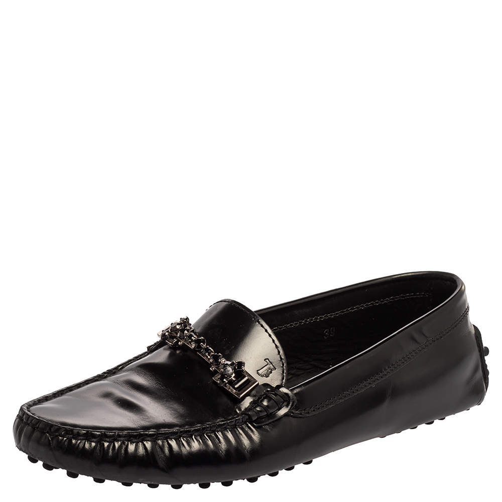 Tod's Black Leather Crystal Embellished Gommino Loafers Size 39