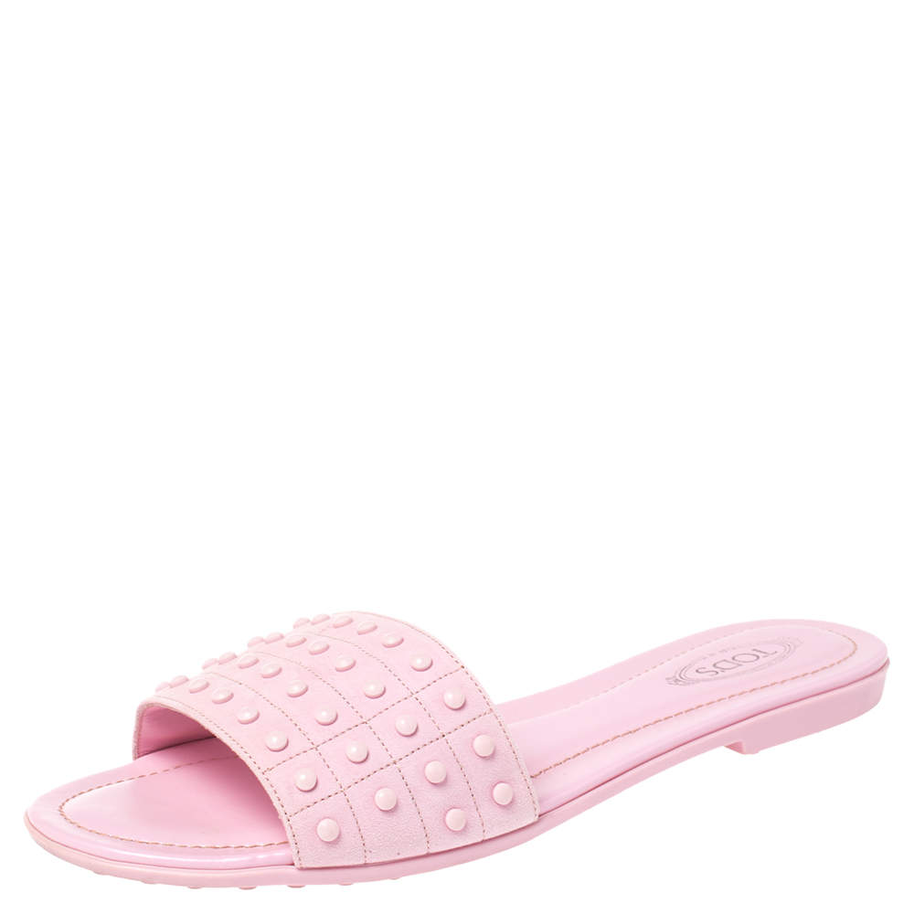 Pre Owned Tod's Pink Studded Suede Flat Slide Sandals Size 38.5