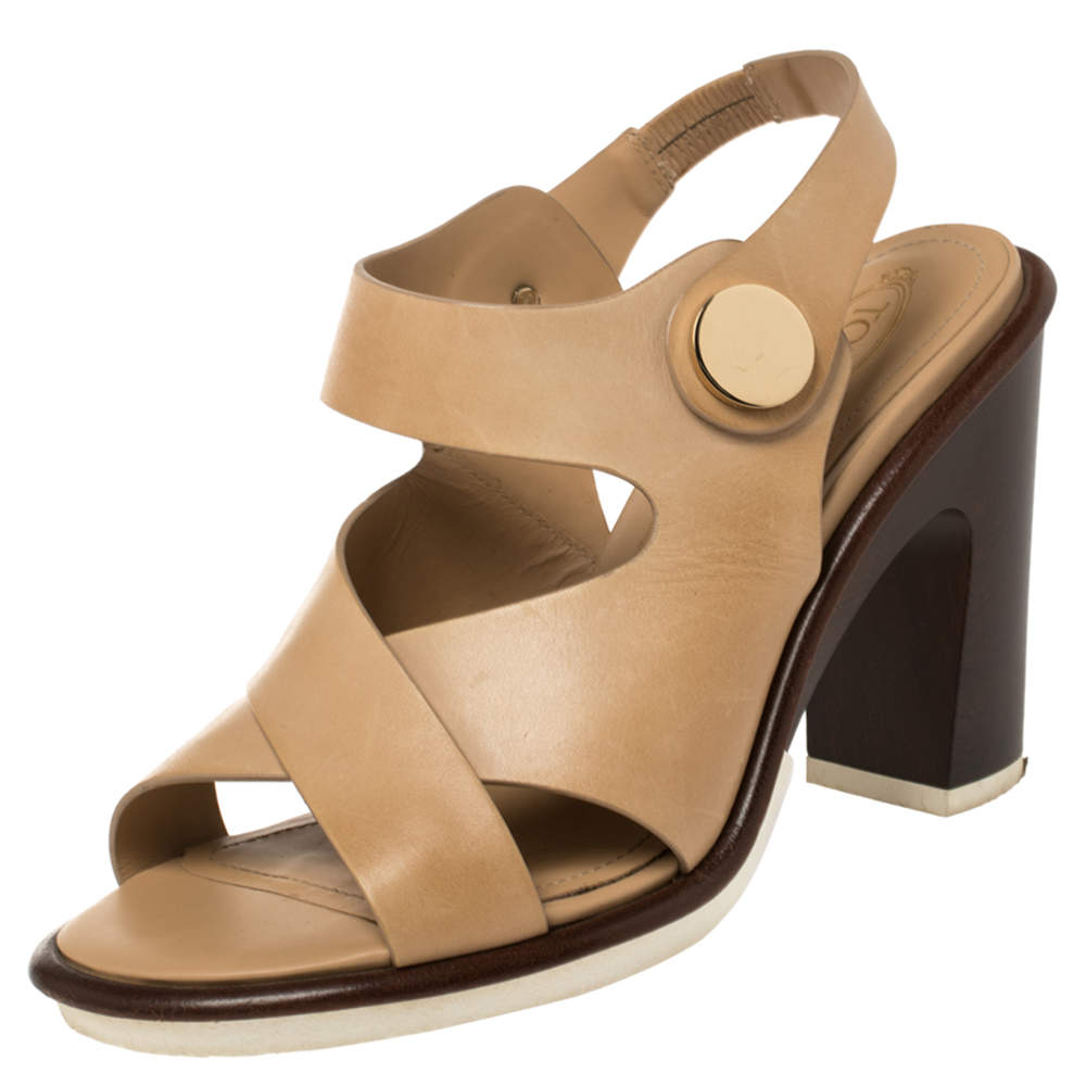 مملوكة مسبقًا Tod's Beige Leather Block Heel Sandals Size 37.5
