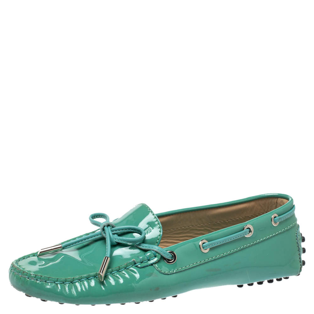 Tod's Pale Green Patent Leather  New Gommini Loafers Size 36.5