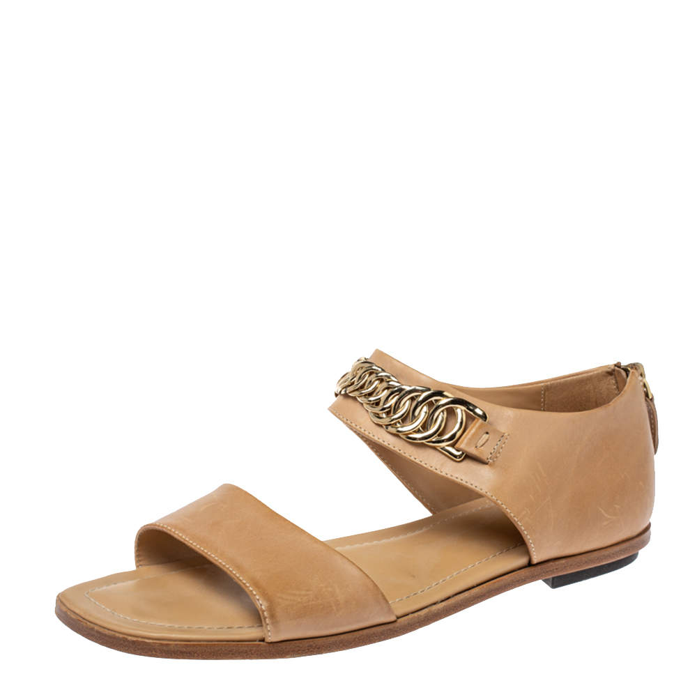 Pre Owned Tod's Beige Leather Chain Link Strap Flat Sandals Size 38