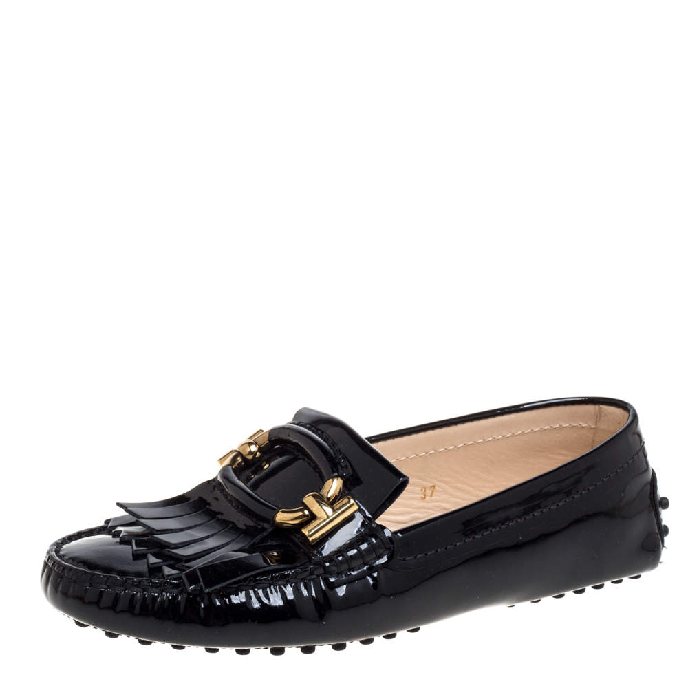 Tod's Black Patent Leather Fringe Detail Loafers Size 37