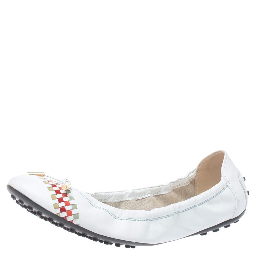 Pre Owned Tod's White Leather Bow Scrunch Ballet Flats Size 40