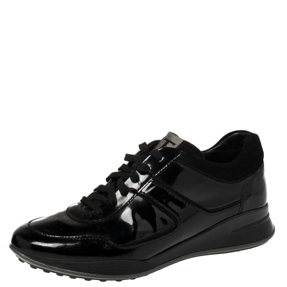 Pre Owned Tod's Black Patent Leather And Suede Lace Low Top Sneakers Size 40