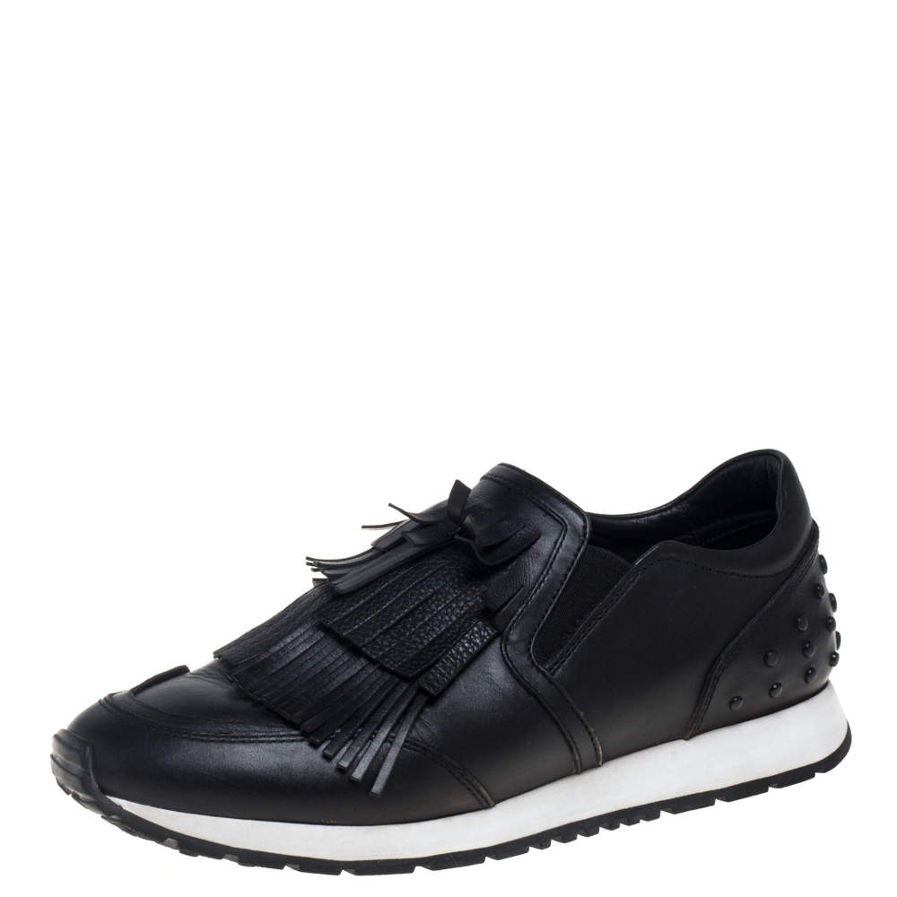 Pre Owned Tod's Black Leather Fringed Slip-On Sneakers Size 38