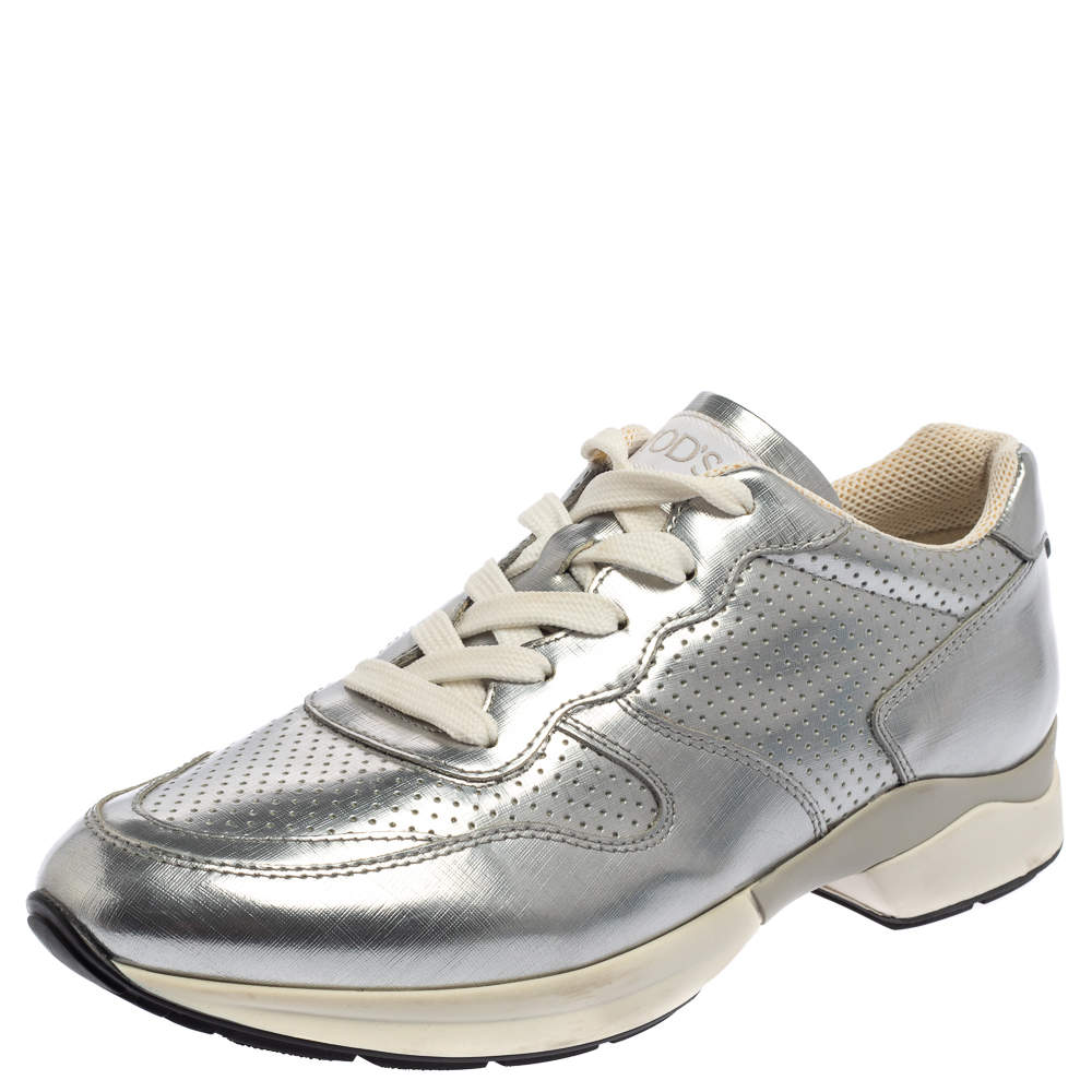 Pre Owned Tod's Silver Perforated Leather Sportivo Active Sneakers Size 38.5