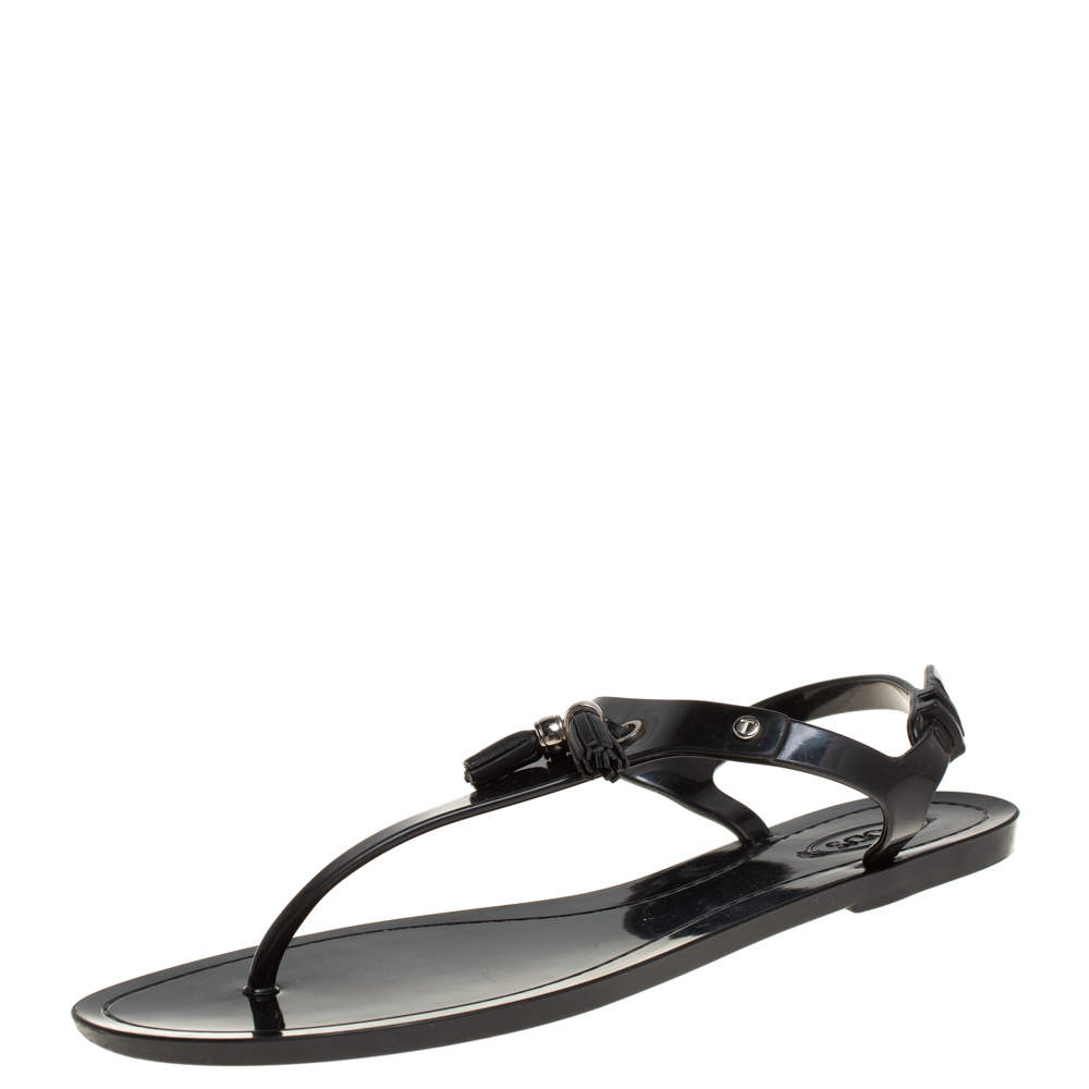 Pre Owned صندل فلان إصبع تودز مزين شراشيب جيلي أسود مقاس 41