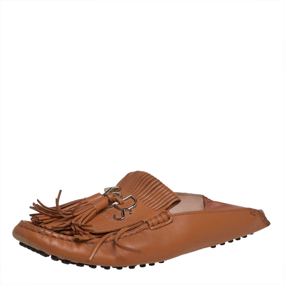 Tod's Tan Leather Fringe Flat Sandals Size 38.5