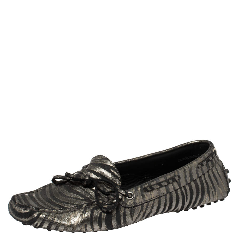 Tod's  Black/Grey Zebra Print Leather Gommini Driving Loafers Size 38