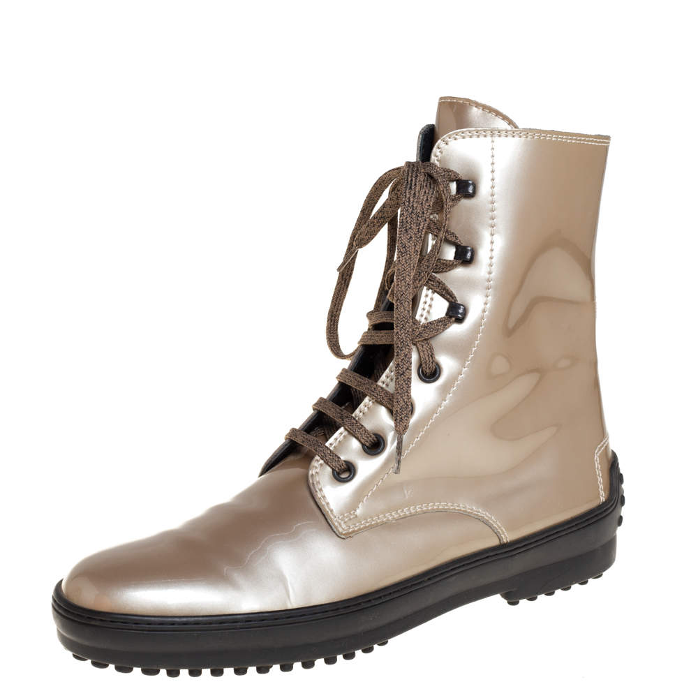 Pre Owned Tod's Metallic Beige Patent Leather Lace Up Boots Size 39
