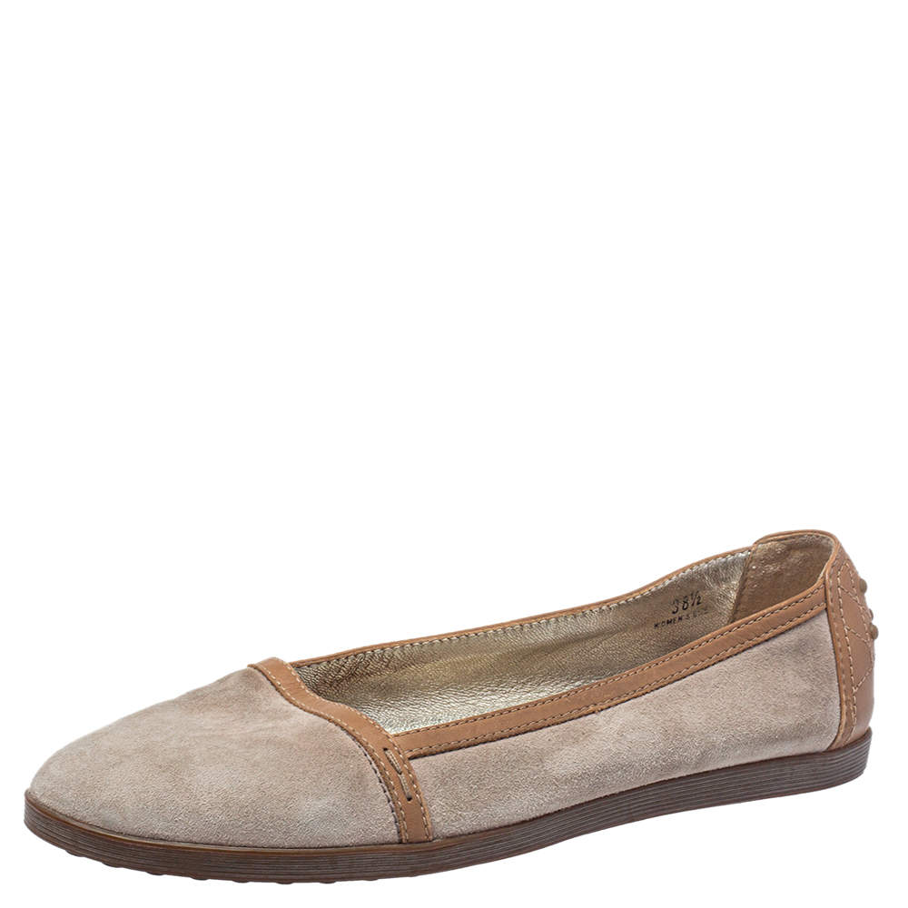 مملوكة مسبقًا Tod's Brown/Beige Suede Ballet Flats Size 38.5