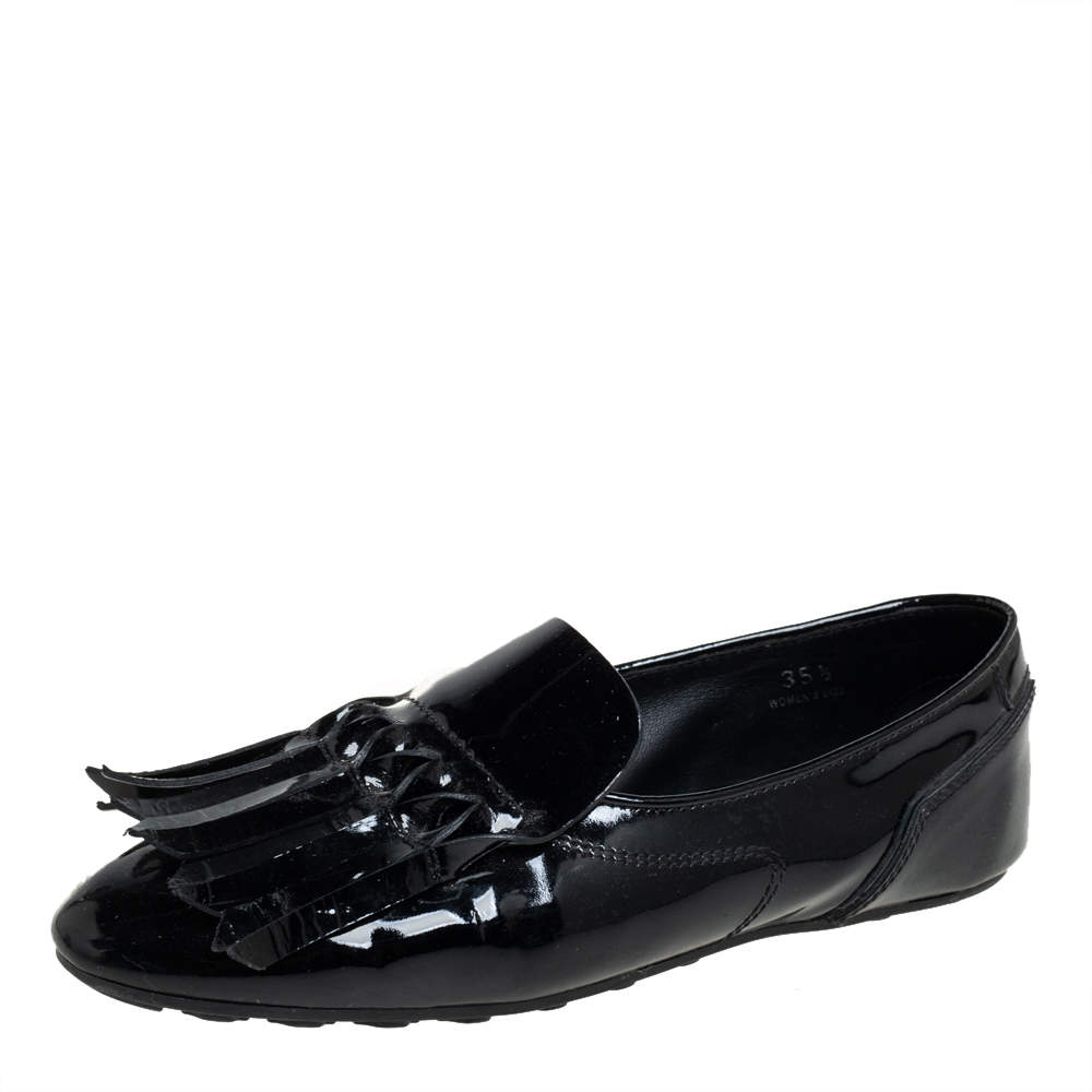 Pre Owned Tod's Black Patent Leather Fringe  Loafers Size 35.5