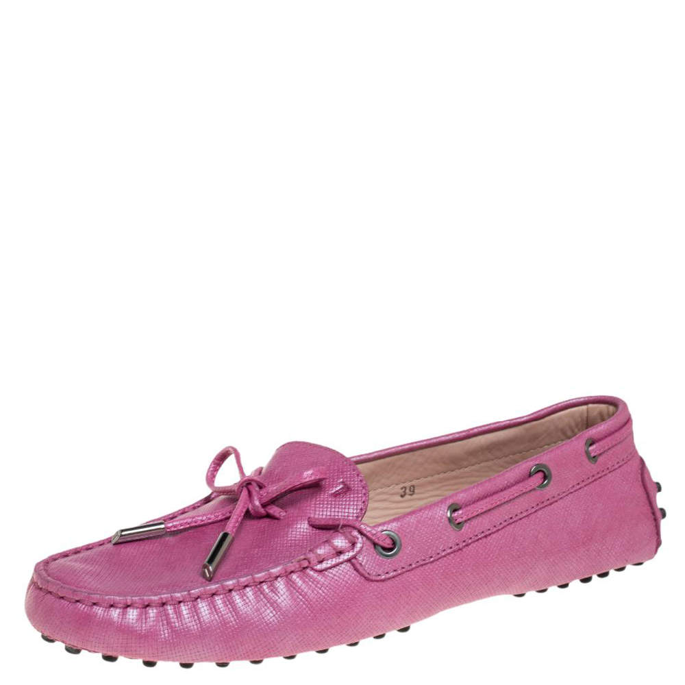 Pre Owned Tod's Metallic Pink Leather Bow Loafers Size 39