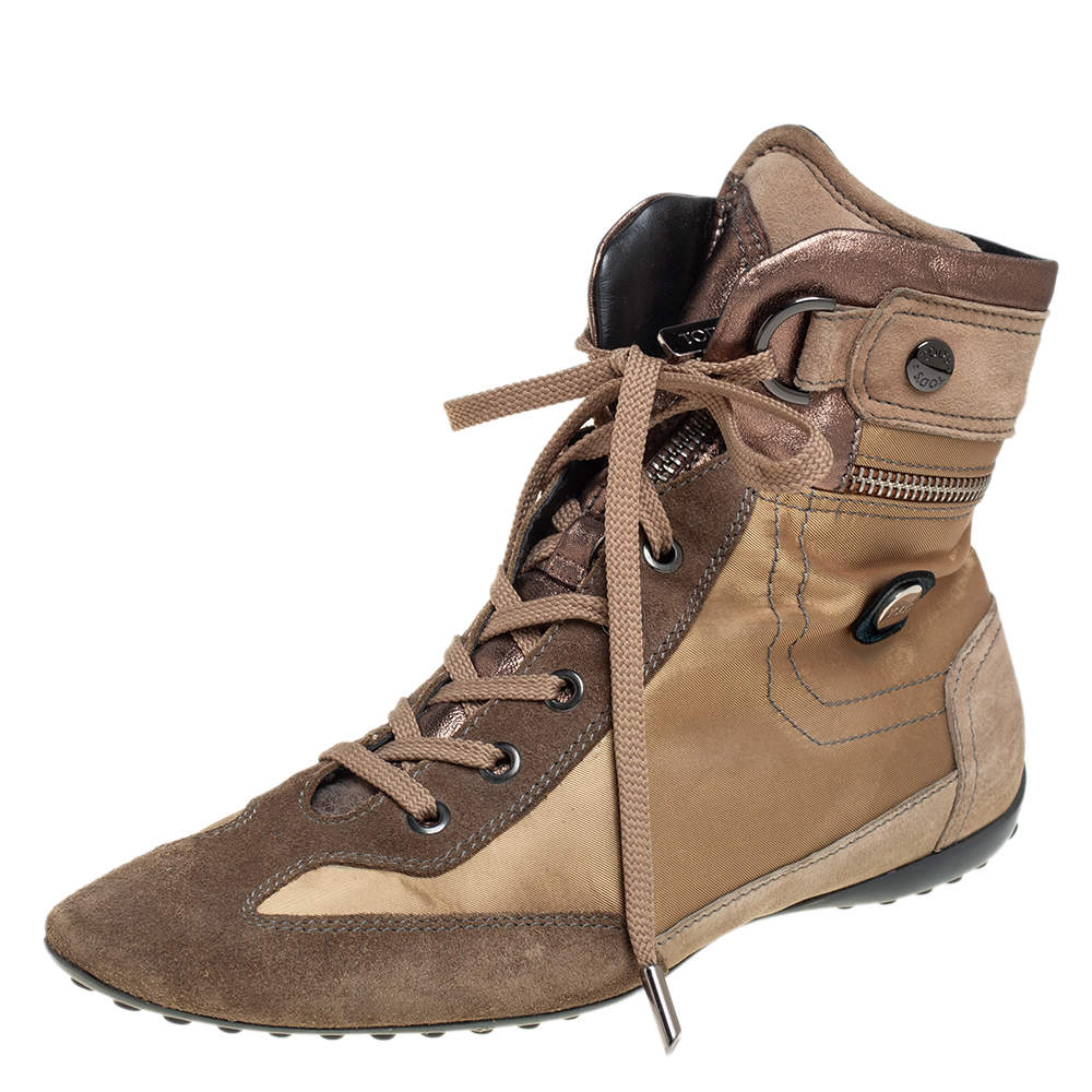 Pre Owned  Tod's Brown/Beige Suede And Fabric High Top Sneakers Size 38