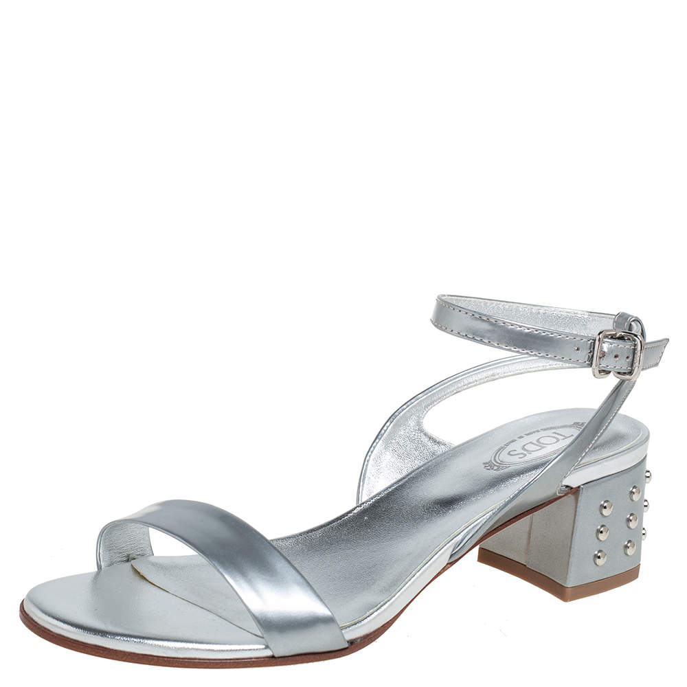 Pre Owned Tod's Metallic Silver Leather Studded Heel Ankle Strap Sandals Size 35.5